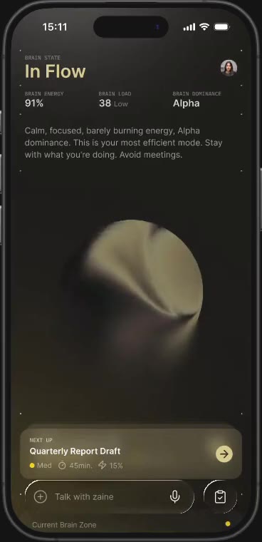 Zone app showing In Flow focus state